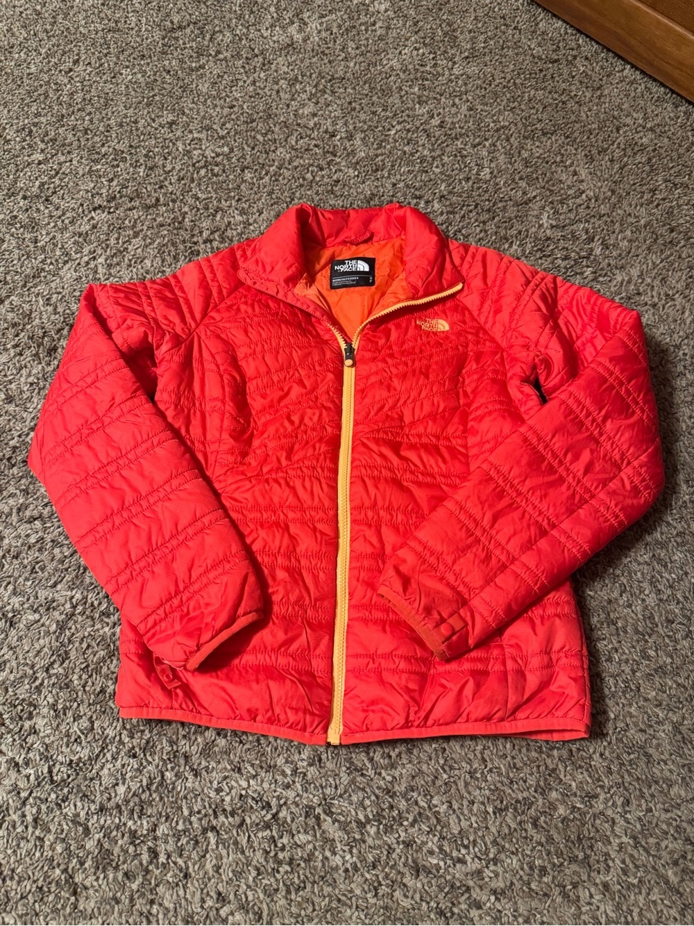 The North Face Bright Red Quilted Puffer Jacket with Yellow Trim